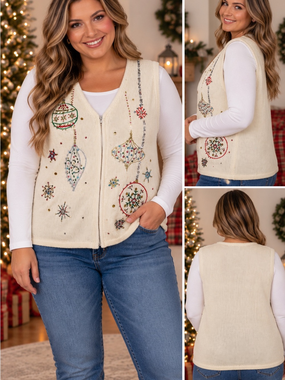Kim Rogers Christmas Ornament Sweater Vest L Ivory Beaded Sequin Zip Holiday